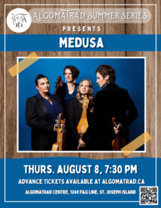 Medusa concert poster, featuring the four band members, their and their instruments on a blue background, plus concert details
