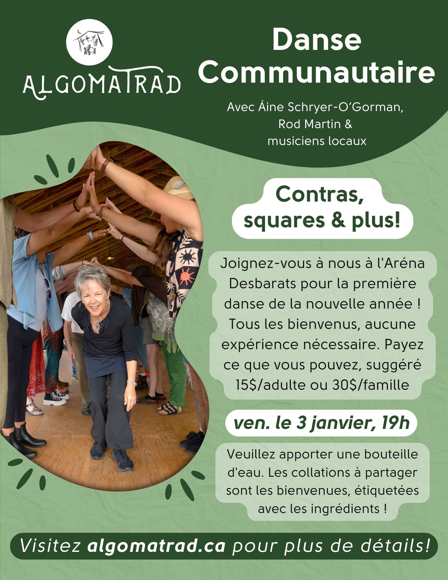 Affiche pour AlgomaTrad Dance, avec l'image d'une personne sortant de sous une arche de danse