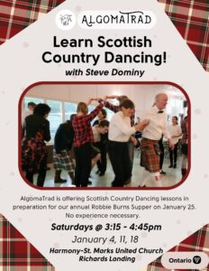 poster for scottish country dancing. all text is also written in the website entry, poster features red plaid details at the corners, and in image of a group of people dancing together.