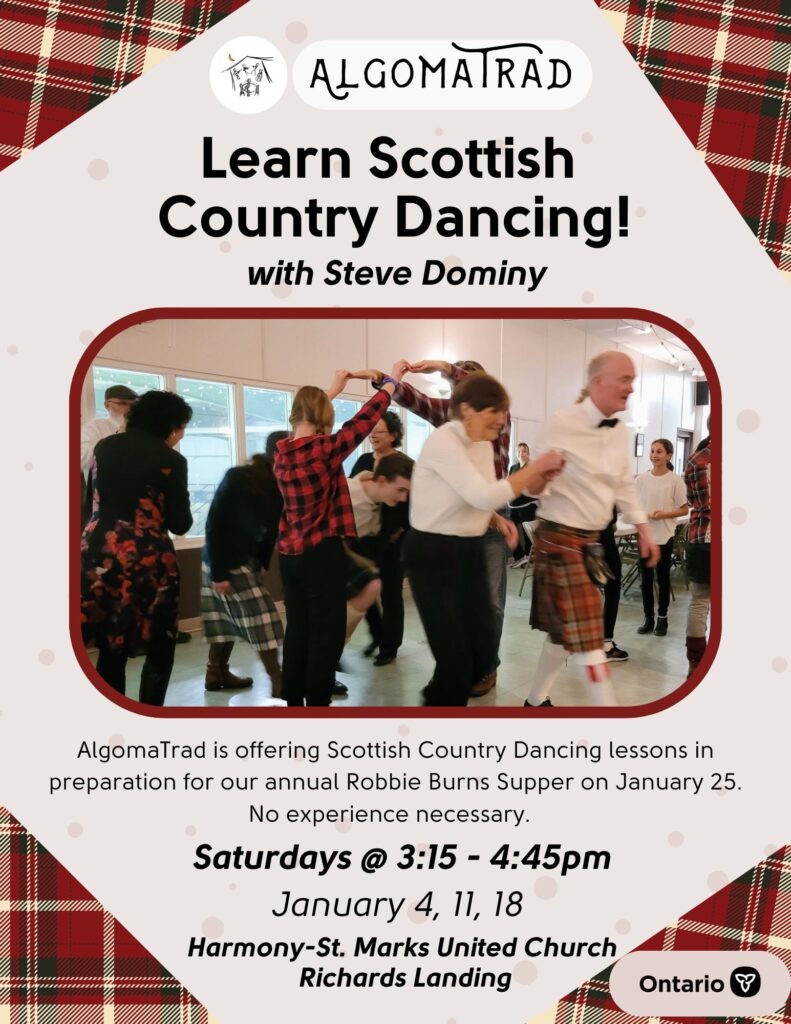 poster for scottish country dancing. all text is also written in the website entry, poster features red plaid details at the corners, and in image of a group of people dancing together. 