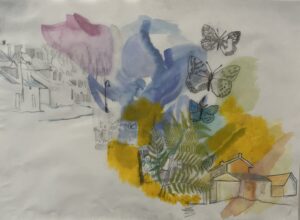 an example of isabelle's mixed media work, featuring an abstract watercolour background, layered with graphite pencil drawings, traced from old photos